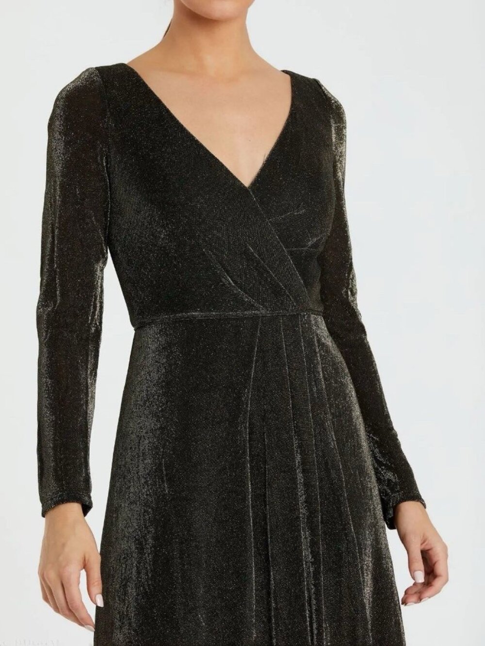 Mac Duggal Size 8 Black Gold 49088 Long Sleeve Faux Wrap A Line Gown Dress NWT - Picture 3 of 13